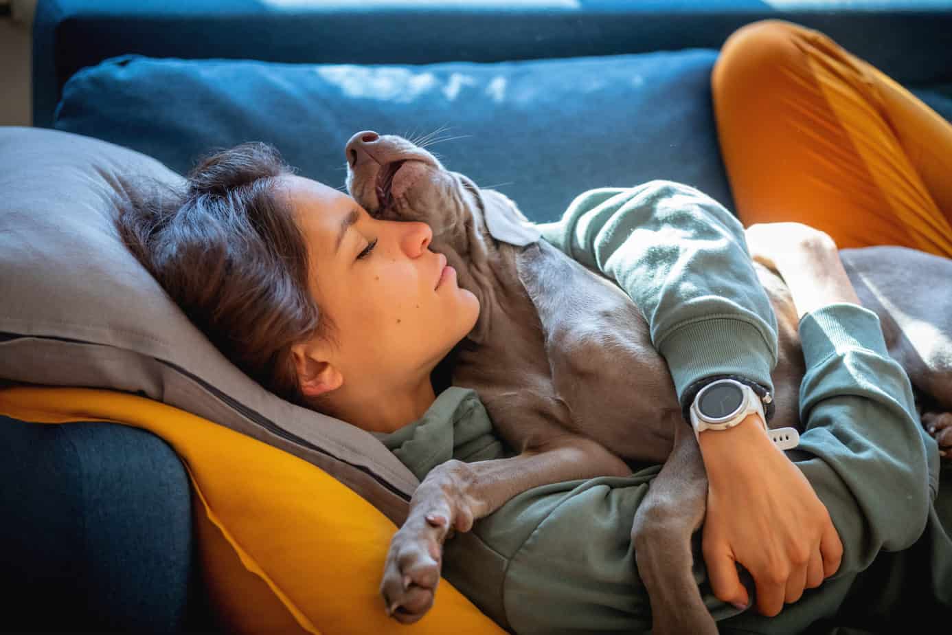 person cuddling up with a dog